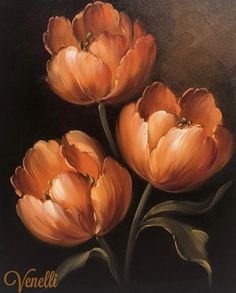 an oil painting of three orange tulips on a black background with the words vandeli written in gold