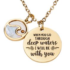 PRICES MAY VARY. 🌊 Stylish and Meaningful: This gold-plated stainless steel necklace features two captivating charms—a transparent circle with a genuine mustard seed in resin and a wave charm with mother of pearl. 💖 Inspirational Message: The second charm beautifully expresses, "When you go through deep waters, I will be with you." A powerful reminder of strength and support during challenging times. 🌟 Eye-catching Design: The wave charm measures 0.5 inches, adding a touch of elegance, while Gold-tone Round Charm Necklaces For Gifts, Gold Circle Jewelry In Stainless Steel, Gold Circle Stainless Steel Necklace, Gold Circle Stainless Steel Jewelry, Gold Circular Stainless Steel Jewelry, Gold Circle Charm Necklace For Gift, Inspirational Nickel-free Stainless Steel Jewelry, Meaningful Round Stainless Steel Jewelry, Stainless Steel Circle Jewelry For Gifts