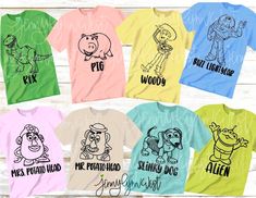 six t - shirts with cartoon characters on them, all in different colors and sizes