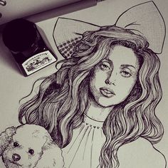 a drawing of a girl with long hair holding a teddy bear and wearing a hat