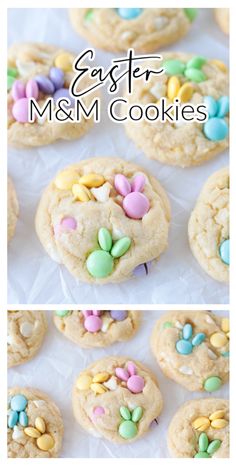 easter m & m cookies with eggs and candy on the top, and in the middle