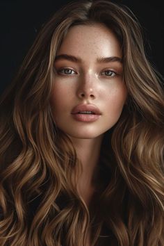 Portrait of a young woman with long wavy hair and freckles against a dark background. V Shape Hair, Hair Trends 2024, Sunkissed Hair