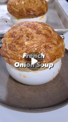 french onion soup is shown on a plate with another dish in the background and text overlay that reads french onion soup