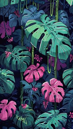 a bunch of green and pink leaves on a black background with blue, purple, and red colors