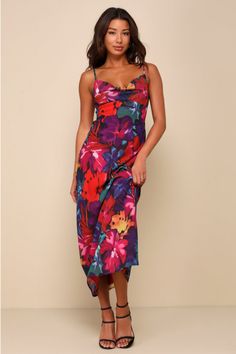 Everyone will admire your sophisticated silhouette in the Lulus Meant to Amaze Black Multi Abstract Floral Cowl Slip Maxi Dress! Lightweight woven chiffon boasts a stunning abstract floral print as it shapes adjustable spaghetti straps and a bodice with a drapy cowl neckline. Slip-style silhouette continues with a figure-skimming waist and a lightly flaring maxi skirt. Hidden zipper/clasp at back. Fit: This garment fits true to size. Length: Ankle length. Size medium measures 54.5" from adjustable straps to hem. Bust: Great for any cup size. Waist: Fitted - very fitted at natural waist. Hip: Loosely Fitted. Undergarments: May be worn with a strapless bra, adhesive bra, petals, or no bra. Fabric: Fabric has no stretch. Dress is lined, bust is unlined and semi-sheer. Shell: 100% Polyester. L Multicolor Floral Print Midi Dress For Evening, Flirty Floral Print Midi Dress For Party, Silk Floral Print Midi Dress For Vacation, Chic Multicolor Viscose Midi Dress, Chic Silk Midi Dress For Beach, Floral Print Viscose Midi Dress For Evening, Multicolor Silk Dress For Night Out, Chic Floral Print Midi Dress For Evening, Fitted Silk Midi Dress For Beach