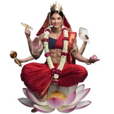 a woman sitting on top of a lotus with her hands in the air and wearing a red outfit