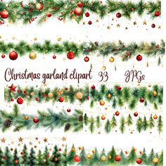 christmas garland clipart set with pine, fir and bauble ornaments on white background