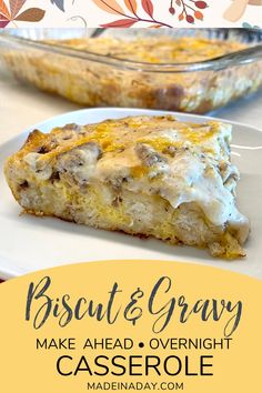 biscuit and gravy casserole on a plate with text overlay