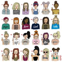 an image of women with different facial expressions on their faces and body parts in the same drawing style