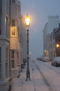 a street light is covered in snow on a snowy day