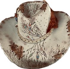 Western High Crown Costume Hat For Rodeo, Western Style High Crown Top Hat For Festival, Handmade Western Costume Hats And Headpieces, Handmade Western Costume Hats And Headpieces For Western-themed Events, Handmade Western Costume Hats And Headpieces For Rodeo, Custom Hats With Feathers For Rodeo, Western Costume Hat With Feathers, Western Fedora With Feathers For Festivals, Western Style Feather Hat Bands For Festivals