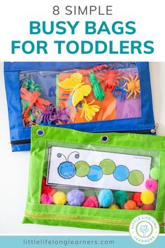 two bags filled with different types of toys and the words 8 simple busy bags for toddlers