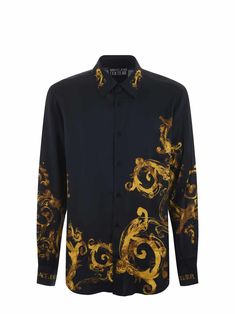 100% Viscose Luxury Long Sleeve Silk Shirt, Luxury Long Sleeve Evening Shirt, Luxury Evening Tops, Luxury Silk Tops With Spread Collar, Luxury Silk Top With Spread Collar, Luxury Silk Shirt For Formal Occasions, Luxury Formal Baroque Print Tops, Silk Long Sleeve Top With Baroque Print, Luxury Formal Shirt With Baroque Print