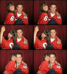 a man and woman posing for pictures together in red shirts with their arms around each other