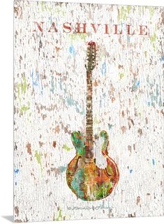 an abstract painting of a guitar with the words nashville painted on it's back