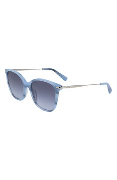 Gleaming, logo-etched temples with a slim profile enhance the sleek look of these cat-eye sunglasses fitted with gradient lenses. 54mm lens width; 18mm bridge width; 140 temple width 100% UV protection Gradient CR-39 lenses Plastic/metal Imported Luxury Sunglasses Women, Marble Blue, Blue Sunglasses, Luxury Sunglasses, Sleek Look, Cat Eye Sunglasses, Cat Eye, Uv Protection, Sunglasses Women