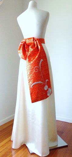 Vintage KIMONO Wedding sash OBI bow belt gold brocade vermillion red white silver flower embroidery asymmetry ready to ship Obi Bow, Embroidery Kimono, Vermillion Red, Wedding Kimono, Red Wedding Dresses, Belt Gold