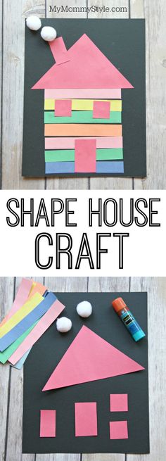 a paper house craft made out of construction paper and colored construction paper with the words, shape