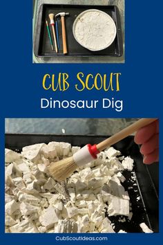 a close up of a plate of food with text overlay that reads cub scout dinosaur dig