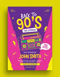 the back to 90's flyer is shown with an image of a radio and speech bubble