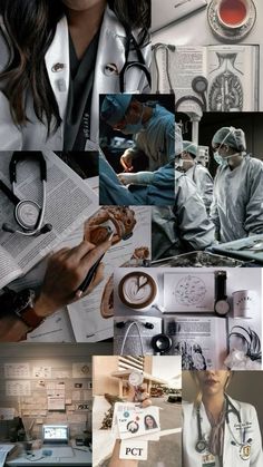 a collage of doctors and medical instruments in various pictures, including the doctor's stethoscope