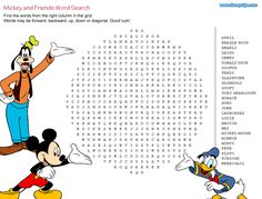 the mickey and friends word search is shown in this cartoon character puzzle game, which features characters