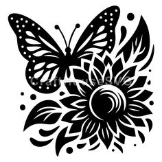 a black and white drawing of a butterfly on a flower