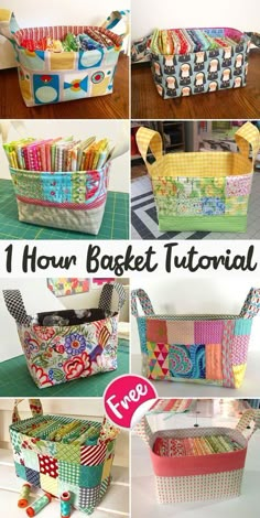 the instructions for how to sew a basket with different patterns and fabrics on it