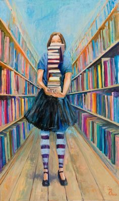 a painting of a girl in a library with books stacked on her head and holding a stack of books