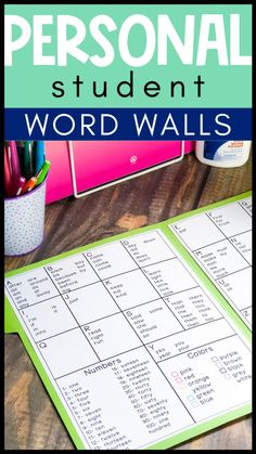 a personal student word wall is shown with the words in green and blue on it