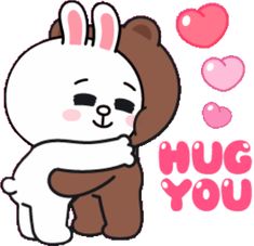 a cartoon bear hugging a teddy bear with hearts in the background that says hug you