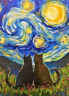 two cats are sitting in the grass looking at the stars and moon painted on canvas