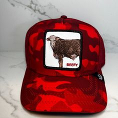 New Goorin Bros Farm Trucker Hat - Beefy Bull Red Camo Snap Back New With Tags Red Snapback Hat For Rodeo, Red Trucker Hat For Rodeo, Red Snapback Trucker Hat For Rodeo, Fedora Hat Men, Wool Fedora Hat, Red Camo, Straw Fedora Hat, Goorin Bros, Man Weave