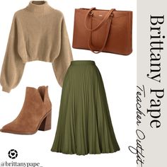 Brown Purse Outfit Fall, Fall Skirts With Sweaters, Olive Winter Outfit, Green Army Skirt Outfit, Olive Skirt Outfit Fall, Olive Skirt Outfit Winter, Olive Green Long Skirt Outfits, Olive Green Pleated Skirt Outfits