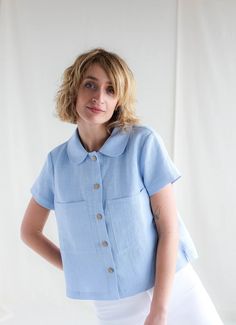 Linen Button up Shirt in Sky Blue / OFFON CLOTHING | Etsy Light Blue Linen Casual Tops, Blue Linen Shirt With Pockets, Casual Light Blue Linen Tops, Light Blue Linen Short Sleeve Top, Casual Light Wash Linen Tops, Blue Linen Top With Buttons, Light Wash Linen Button-up Top, Light Blue Relaxed Fit Linen Tops, Relaxed Fit Light Blue Linen Tops