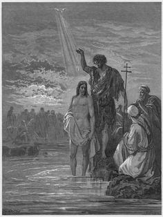 an old illustration of jesus standing in the water with two other men and one woman