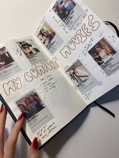 a person holding an open book with pictures on it and the words my stories written in cursive writing