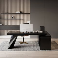 an office desk with a computer on it in front of a wall mounted bookcase