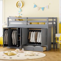 a child's bedroom with a bunk bed and dresser