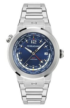 Whether actually jet-setting or armchair traveling, this GMT watch always displays the time where you are and where you are going, have been or simply want to be via the arrow-capped red fourth hand. A readable blue sunray dial is framed by a ruggedly refined brushed stainless steel case. 43mm case; 16.5mm band width Deployant clasp closure Four-hand Swiss quartz movement. Quartz movement: powered by a battery and features an internal electrical circuit to control the rate of the watch's ticking Gmt Watch, Electrical Circuit, Brushed Stainless Steel, Swiss Made, Sapphire Crystal, Jet Set, Quartz Movement, Stainless Steel Case, Bracelet Watch