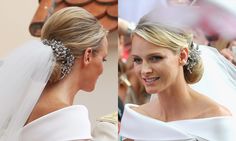 two pictures of the same woman in wedding dresses, one is wearing a tiara