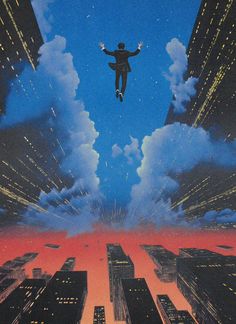 a man flying through the air while surrounded by tall buildings