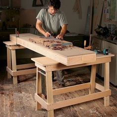 a man working on a workbench in his home office with the title forget what you know about workbenches