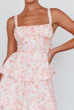 Shop the Provence Bloom Tiered Midi Dress Floral Orange | Selfie Leslie Spring Tiered Tie Back Dress, Feminine Tiered Sundress For Garden Party, Peach Ruffled Midi Dress For Garden Party, Feminine Fitted Tiered Sundress, Fitted Tiered Sundress For Brunch, Spring Tiered Midi Dress With Tie Back, Fitted Tiered Midi Dress With Tie Back, Peach Square Neck Summer Dress, Orange Tie Back Dress For Brunch