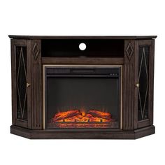 an entertainment center with a fire in the fireplace and lights on it's sides