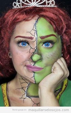 Shrek Makeup Ideas, Fantasy Make Up Ideas Creative, Character Makeup Ideas, Fiona Makeup, Shrek Makeup, Makeup Halloween Costumes, Shrek Fiona