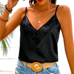 Black V Neck Tank With Glitter Panel. Spaghetti Straps. Size: M New V Neck Top, Black Glitter, V Neck Tops, New Color, Spaghetti Strap, Spaghetti, Womens Tops, Glitter, V Neck