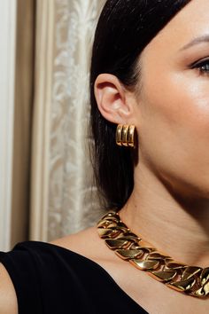 Keeping your look timeless, these vintage-inspired hoops will add a touch of 80s glam to your ensemble. Best styled with a chunky necklace. As these earrings are 18K gold plated stainless steel, they have to be looked after for you to enjoy them for a longer period of time. Here are a few tips to help care for your earrings;  Keep away from water Avoid showering, saunas / steam rooms, swimming, sleeping and exercising in these earrings.  Storage Keep these earrings stored in the original box or Earrings Storage, 80s Glam, Sauna Steam Room, Chunky Chain Necklaces, Matching Bracelet, Chunky Necklace, Matching Bracelets, Necklace Bracelet, Bracelet Set