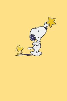 a cartoon character is reaching for a star on a yellow background with a little dog