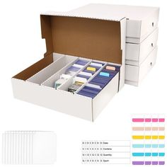 an open box with several different colored labels in it and the contents inside are labeled